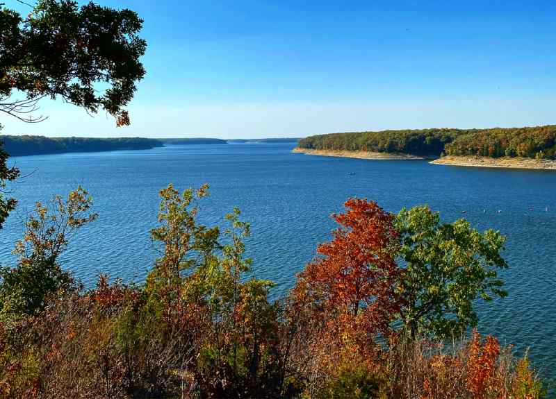 The fall foliage view from the lookout tower on Mark Twain lake in Missouri.