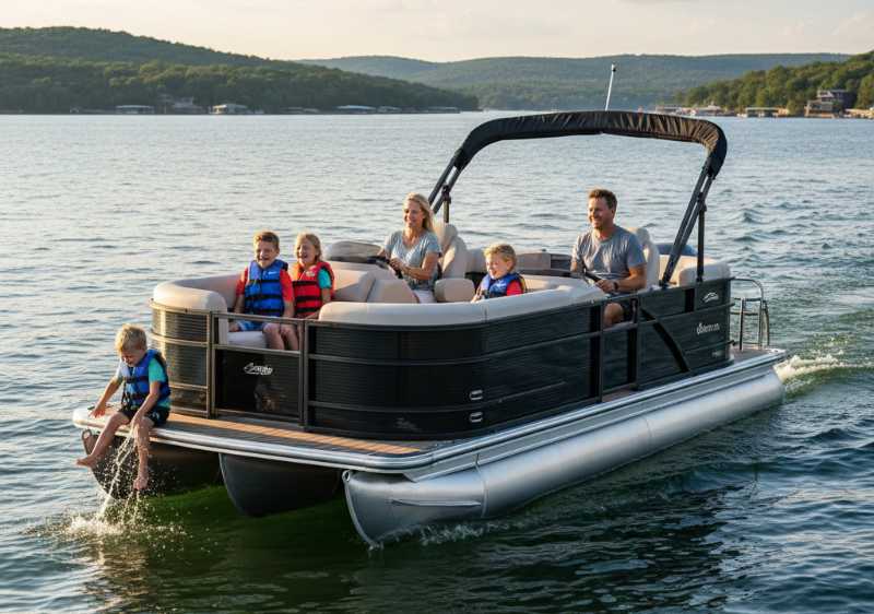 A large tritoon boat with a family enjoying the water at Lake of the Ozarks—LOTO Lift provides reinforced floating boat lifts designed for the weight and size of modern tritoons.