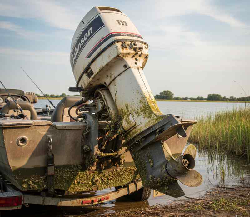 Corrosion on boat engine and hull from being left in the water.