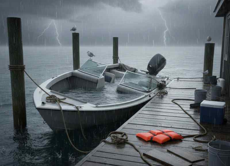 A sinking boat filling up with water while tied to a dock.