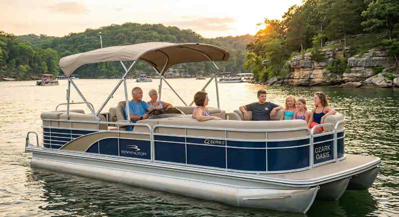 Pontoon boat with a family enjoying lake of the Ozarks in Missouri.