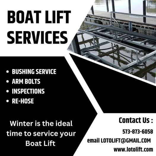 A list of boat lift services including bushing service, arm bolts, inspections and re-hosing.