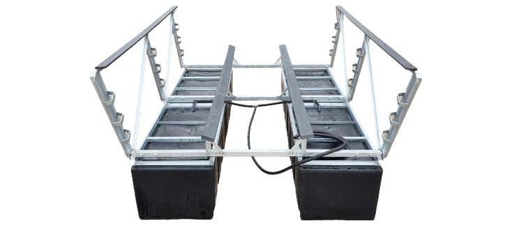 TR Model "The Rock" 7000 lb forward lifting boat lift shown with parallel black poly tanks and open guide rails. Designed for tight slips on Table Rock Lake and Lake of the Ozarks, this floating boat lift pulls your boat forward up to 25 inches as it rises for full coverage under the dock roof. LOTO Lift 573-873-6058.