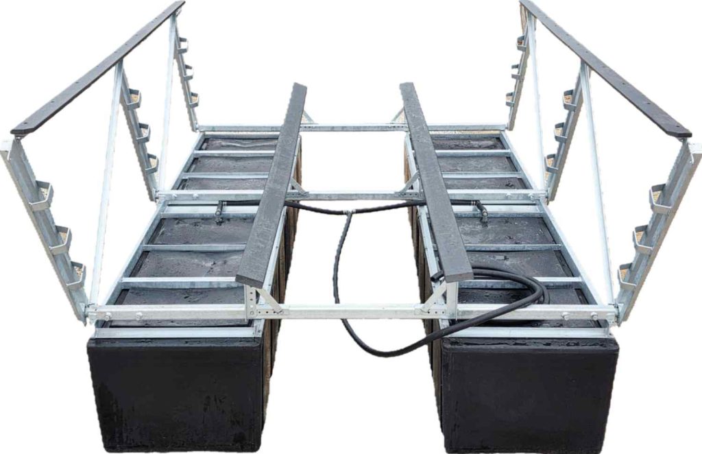 TR Model "The Rock" 7000 lb forward lifting boat lift shown with parallel black poly tanks and open guide rails. Designed for tight slips on Table Rock Lake and Lake of the Ozarks, this floating boat lift pulls your boat forward up to 25 inches as it rises for full coverage under the dock roof. LOTO Lift 573-873-6058.