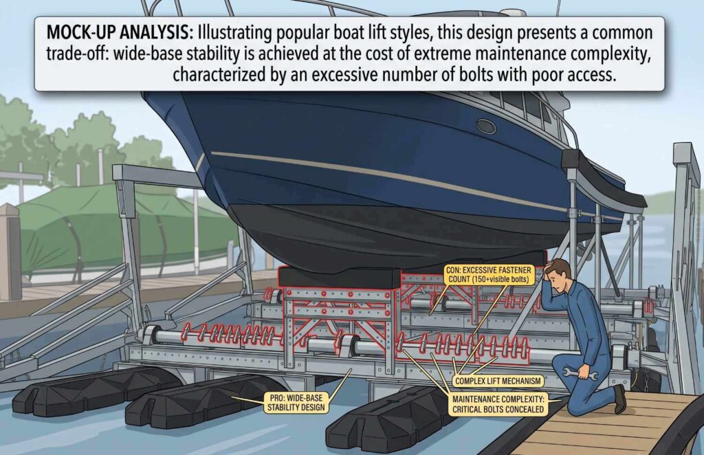 Mock-up analysis of complex competitor boat lift showing wide base stability trade-off with excessive fasteners and high maintenance complexity.