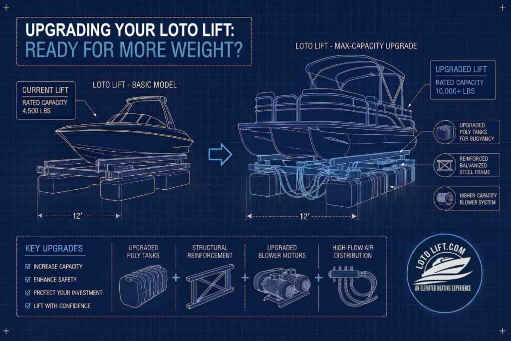Infographic comparing a 4,500 lb LOTO Lift with a 10,000 lb-plus upgrade, showing added poly tanks and frame for a heavier boat at Lake of the Ozarks.