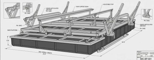 Technical drawing of LOTO Lift drop-tank shallow water boat lift frame showing base platform, hinged articulated arms, and main support beam.