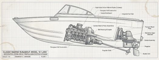 Cutaway illustration of a classic V-drive stern-drive boat propulsion system showing engine, propeller shaft, and lower unit layout.